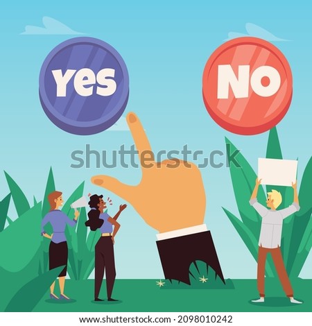 Decision making concept with people convincing to choose between yes and no button, flat vector illustration. Men and women persuade big abstract hand to answer.