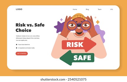Decision making concept. Person weighing options between risk and safety with magnifying glass. Choices in business and life strategy. Vector illustration.