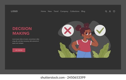 Decision Making concept. A thoughtful young girl weighs her options, contemplating right and wrong choices. Critical thinking in childhood development. Flat vector illustration