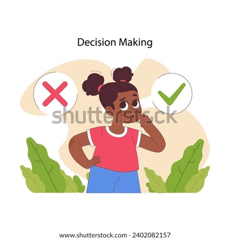 Decision Making concept. A thoughtful young girl weighs her options, contemplating right and wrong choices. Critical thinking in childhood development. Flat vector illustration