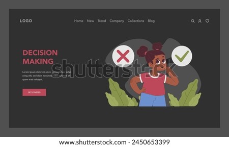Decision Making concept. A thoughtful young girl weighs her options, contemplating right and wrong choices. Critical thinking in childhood development. Flat vector illustration