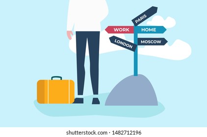 Decision making concept. Woman by the road signs. Work hard or go home and preparing for vacation. 