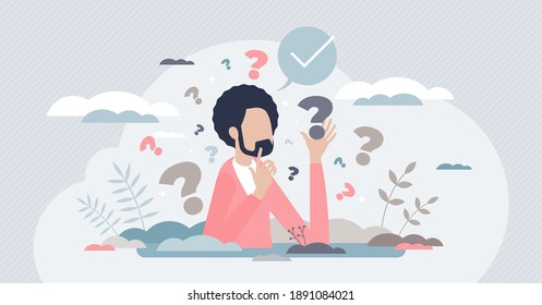 Decision making confusion and successful option choice tiny person concept. Doubt and struggle about strategy, path direction with symbolic question marks vector illustration. Search for right answer.