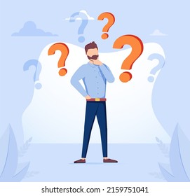 Decision making confusion and successful option choice tiny person concept. Doubt and struggle about strategy, path direction with symbolic question marks vector illustration. Search for right answer.