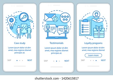 Decision making content blue onboarding mobile app page screen vector template. Customer attraction walkthrough website steps with linear illustrations. UX, UI, GUI smartphone interface concept