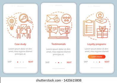 Decision making content orange onboarding mobile app page screen vector template. Customer attraction walkthrough website steps with linear illustrations. UX, UI, GUI smartphone interface concept