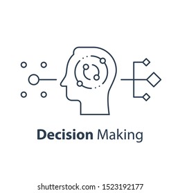 Decision making, critical thinking, psychology or psychiatry, neurology science, education concept, vector line icon, linear design illustration