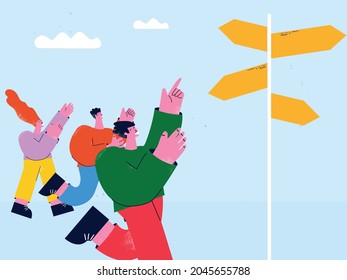 Decision making, decision crossroads concept, different professional directions, questions about life and career, future plans and choices flat vector illustration design