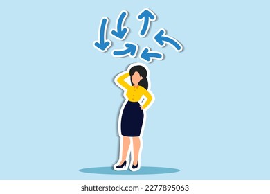 Decision making, decide the right way or choosing options, best alternative or solution to success, business direction or thinking concept, contemplation businesswoman making decision where to go next