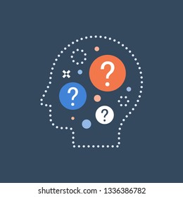 Decision making, difficult choice, behavior science, self questioning, brainstorm and curiosity concept, neurology, vector icon, flat illustration