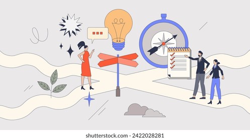 Decision making and difficult choice from different options retro tiny person concept. Dilemma and various directions for career or future vector illustration. Thinking crossroad strategy with doubts