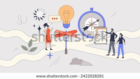 Decision making and difficult choice from different options retro tiny person concept. Dilemma and various directions for career or future vector illustration. Thinking crossroad strategy with doubts