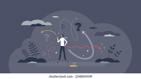 Decision making dilemma as choice confusion problem tiny person concept. Various options to choose as difficult struggle for businessman vector illustration. Analyzing process in uncertainty situation