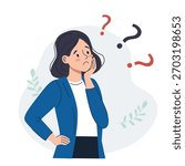 Decision making and doubt concept with thoughtful cartoon woman thinking and looking up at question marks. Vector illustration of difficult choice, finding answers, confusion, problem solving and psychological uncertainty.
