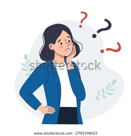 Decision making and doubt concept with thoughtful cartoon woman thinking and looking up at question marks. Vector illustration of difficult choice, finding answers, confusion, problem solving and psychological uncertainty.
