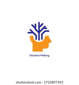 Entscheidungs-Kopf-Symbol mit verzweigtem Geistesbaum, kreatives Denken Psychologie Konzept, flache orange-blaue Vektorgrafik einzelne Design

