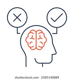 Decision Making – Head Icon with Checkmarks Representing the Process of Evaluating Choices and Selecting the Best Option for Achieving Goals