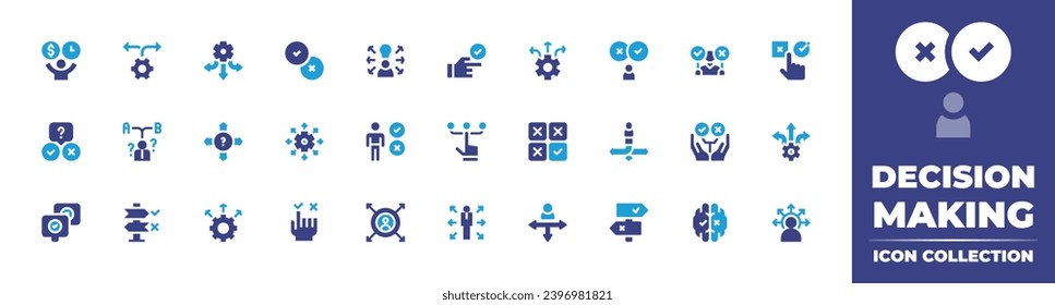 Colección de iconos de toma de decisiones. Color de duotona. Ilustración vectorial y transparente. Conteniendo decisión, toma de decisiones, oportunidad, direcciones, dirección, decisiones, opción, verificación, elección, red