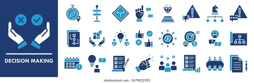 Sammlung von Symbolen für die Entscheidungsfindung. Mit Design-Business, Entscheidung, Strategie, Auswahl, Lösung, Richtung, Erfolg