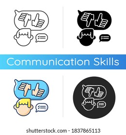 Decision making icon. Linear black and RGB color styles. Feedback, quality evaluation. Positive and negative rating. Like or dislike. Thumbs up and thumbs down isolated vector illustrations