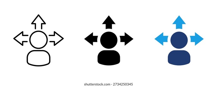 Decision making icon with person and multiple directions. Symbol of choice, responsibility and control. Ideal for leadership concepts, management roles, strategic planning and business decision.