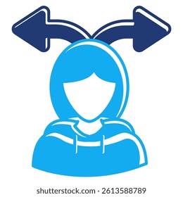 Decision making icon represented by woman, two arrows Dualtone style.