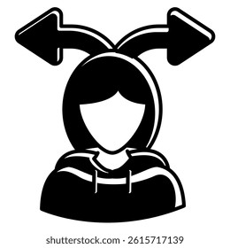 Decision making icon represented by woman, two arrows Black Filled style.