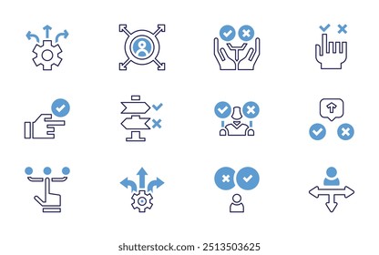 Conjunto de iconos de toma de decisiones. Estilo de línea en negrita. Colores duotónicos. Trazo editable. decisión, toma de decisiones, enfoque, oportunidad, camino, opciones, elección, verificación.