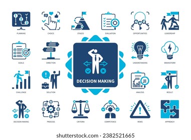 Juego de iconos de toma de decisiones. Brainstorm, Criterios, Planificación, Análisis, Competencia, Oportunidades, Comprensión, Resultado. Iconos sólidos de color Duotone