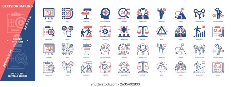 Decision Making icon set. Brainstorm, Criteria, Planning, Analysis, Competence, Opportunities, Leadership, Result. Duotone color solid and editable outline icons