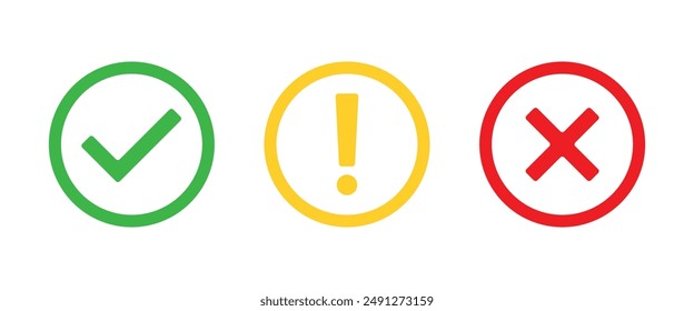 Decision making icon set of check mark, an x and warning exclamation point on white background for positive, negative, yes, no, or danger concepts.