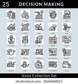 Decision Making icon set collection in outline style. an icon pack contain operation, report, time, cash flow, insight, solution, data gathering, profit, target, analytics