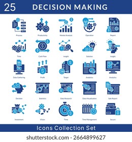 Decision Making icon set collection in solid glyph style. an icon pack contain operation, report, time, cash flow, insight, solution, data gathering, profit, target, analytics