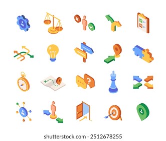 Decision Making Icon Set. Colorful symbols with uncertainty, strategy, career choices and directional arrows. Design elements for app. Isometric 3D vector illustration isolated on white background