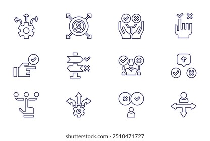 Symbolsatz für Entscheidungsfindung. Linienstil. Bearbeitbarer Strich. Entscheidungsfindung, Entscheidung, Ansatz, Chance, Pfad, Optionen, Überprüfung, Auswahl, Richtungen.