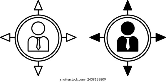 Iconos de toma de decisiones. Iconos vectoriales en blanco y negro. Hombre de negocios y flechas en diferentes direcciones. Concepto de gestión de recursos humanos