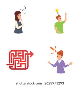 Die Symbole der Entscheidungsfindung setzen den Cartoon-Vektor. Menschen denken und lösen Probleme. Projektentwicklung