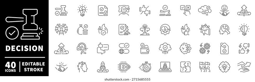 Conjunto de iconos de toma de decisiones. iconos de línea editables, símbolos de esquema para estrategia y planificación