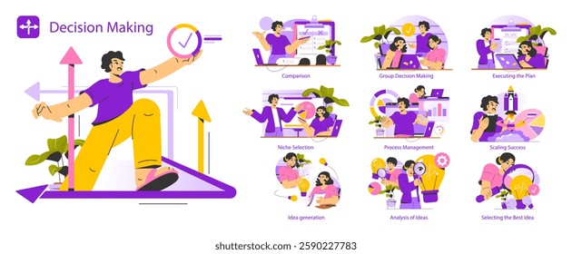 Decision Making illustration. This visual encompasses various stages of decision-making such as niche selection, idea generation, and executing plans. It highlights group collaboration and analysis