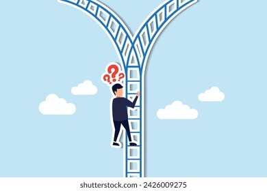 Decision making involves selecting options or pathways to success, determining the direction toward achieving targets concept, confused businessman climb up ladder and found crossroad to make decision