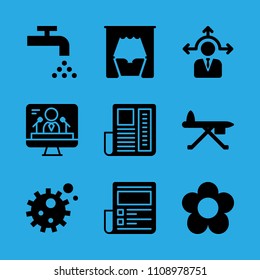 decision making, ironing board, news paper, news paper, flower, bacteria, television, bed and tap vector icon. Simple icons set