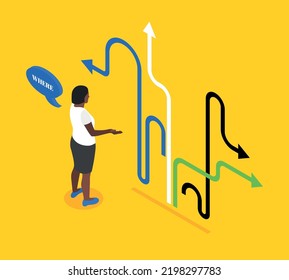 Decision making isometric concept with female looking at multicolored arrows vector illustration