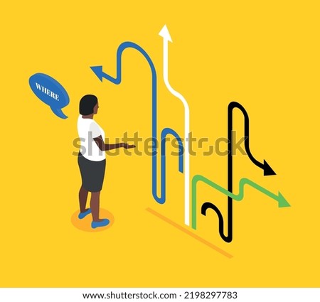 Decision making isometric concept with female looking at multicolored arrows vector illustration