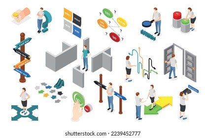 Decision making isometric icons set with problem solving symbols isolated vector illustration