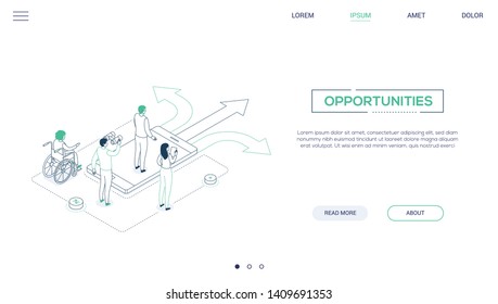 Decision making - line design style isometric web banner on white background, copy space for text. A website header with colleagues, business team on the crossroads, trying to choose the best solution