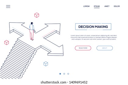 Decision making - line design style isometric web banner on white background with copy space for your text. Quality website header with businessman standing on the crossroads, trying to make choice