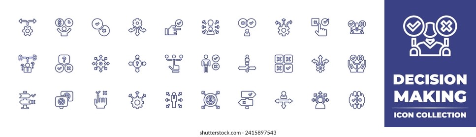Colección de iconos de línea de toma de decisiones. Trazo editable. Ilustración vectorial. Conteniendo decisión, toma de decisiones, oportunidad, direcciones, dirección, decisiones, opción, cheque, elección, red.