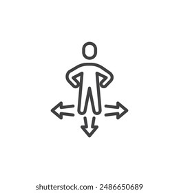 Decision Making line icon. linear style sign for mobile concept and web design. Person with arrows pointing in different directions outline vector icon. Symbol, logo illustration. Vector graphics