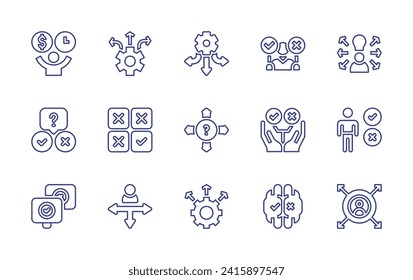 Juego de iconos de línea de toma de decisiones. Trazo editable. Ilustración vectorial. Conteniendo decisiones, toma de decisiones, oportunidades, direcciones, dirección, decisiones, opción.