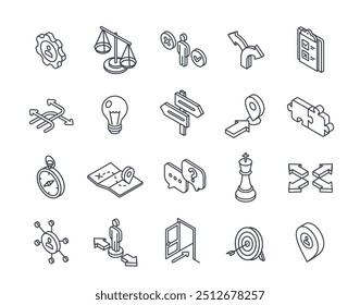 Decision Making Line Icon Set. Outline signs with choosing direction, arrows of path, doubting entrepreneur and strategy. Editable stroke. Isometric 3D vector illustration isolated on white background